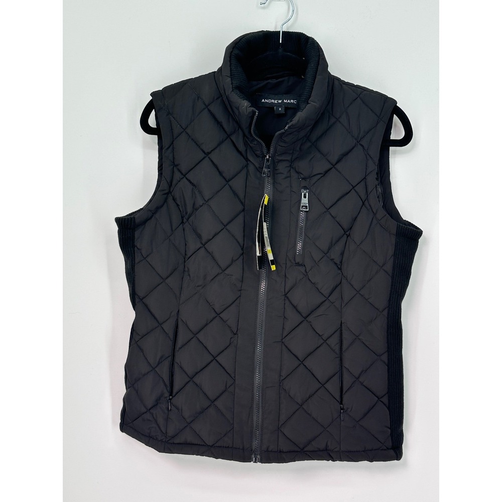 Andrew Marc Womens Quilted Puffer Vest Black Ribbed Trim Full Zip Size S NEW